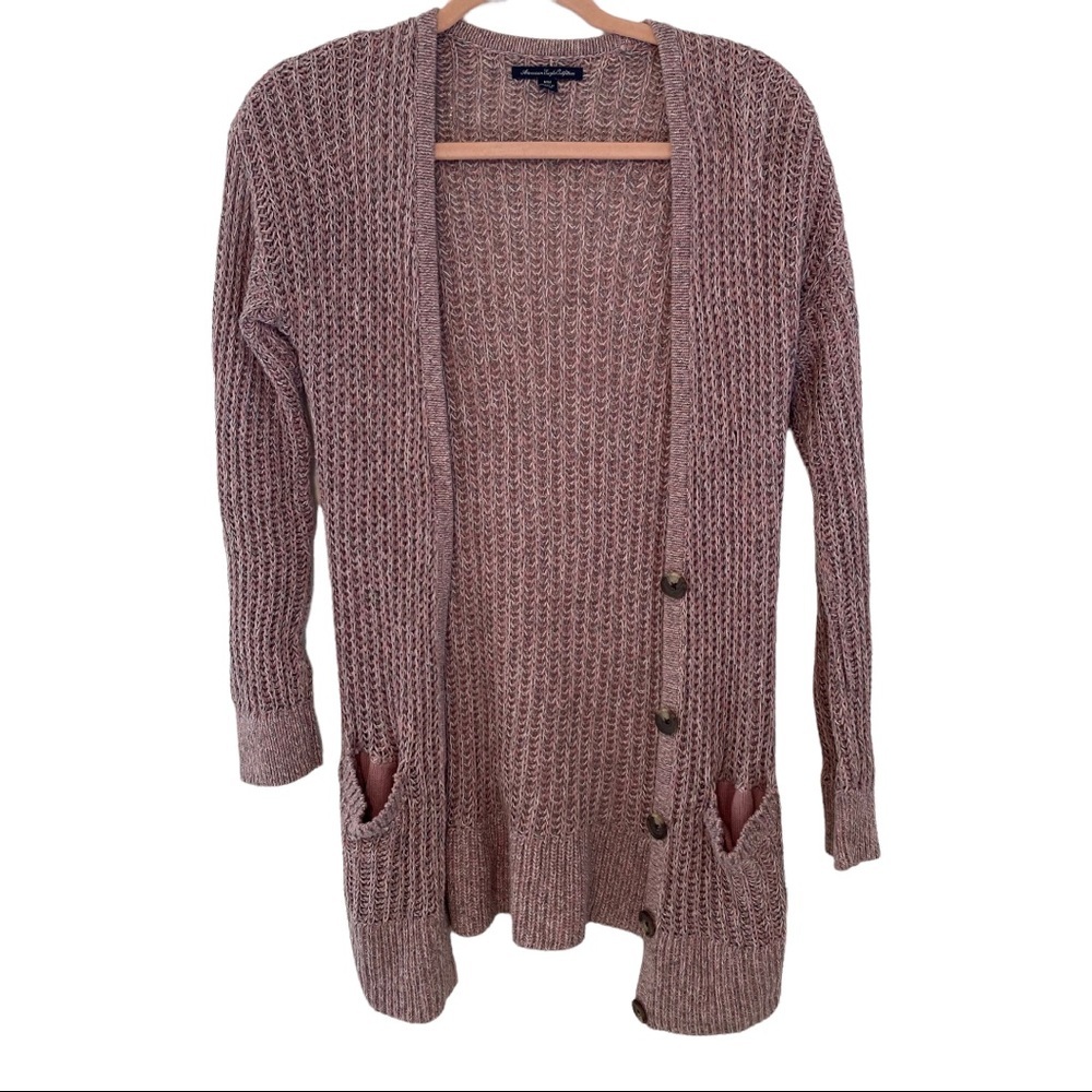 American Eagle pink grey white knit open front cardigan size medium
